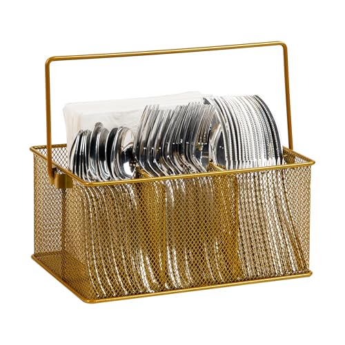 Mind Reader Multi-purpose Storage Caddy with Handle, Desktop Organizer, Cutlery Holder, 4 Compartments, Metal Mesh, Gold