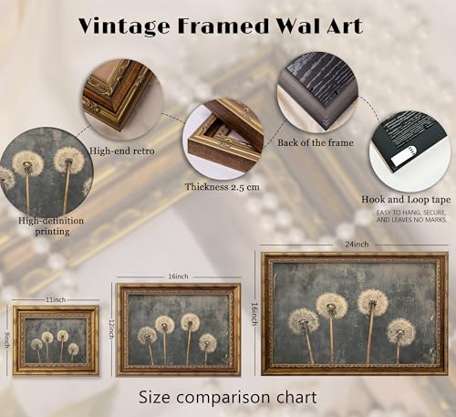 DNEJZKI Vintage Gold Frame Dandelion Wall Art Rustic Farmhouse Flower Botanical Wall Decor Retro Floral Landscape Painting Picture Cottagecore Plant Canvas Prints for Living Room Bedroom Office Decor - color: Dandelion, size: 24"L x 16"W