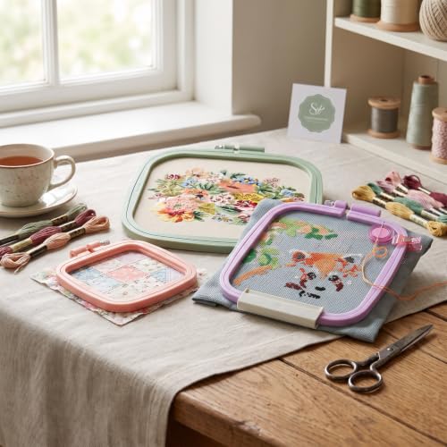 3 Pieces 3 Sizes Square Embroidery Hoops, Cross Stitch Hoop and ABS Plastic Embroidery Hoops for Embroidery,Cross Stitch and DIY Craft Sewing,Including 16pcs Gold Eye Sewing Needles - style: 3 sizes square