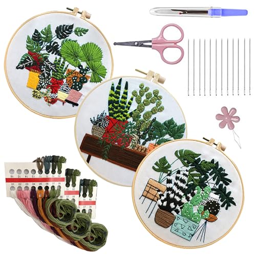 LB 3 Pack Green Plant Leaf Embroidery Kit for Beginners Succulent Cactus Beginner Embroidery Kit for Adults DIY Starter Kit with Embroidery Hoop Colorful Threads Tools - color: Black