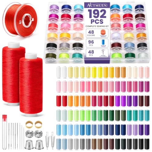 Actmuen 192PCS Sewing Thread Kit, 48 Colors, 96 Thread Spools, 48 Bobbins & Accessories,Polyester Set for Hand & Machine Sewing,Quilting, Repairs and DIY Crafts