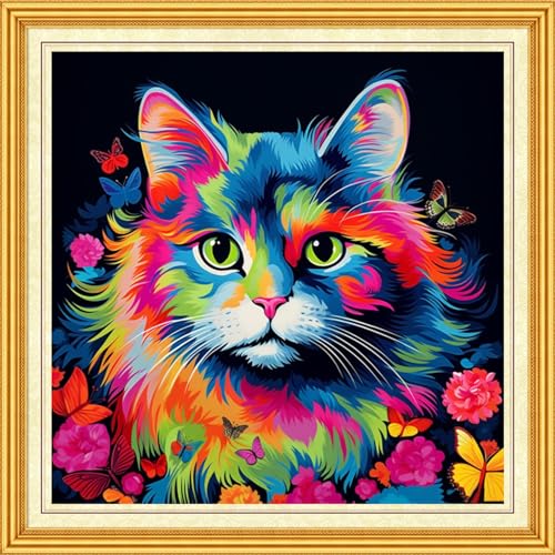 DMCVIVR Stamped Cross Stitch Kits for Beginners Adults Needlepoint Kits for Beginners Embroidery Kits for Adults Crossstitch Kit for Beginners 11CT-Colorful Cat 18x18 inch, ArtKits09 - color: ArtKits09