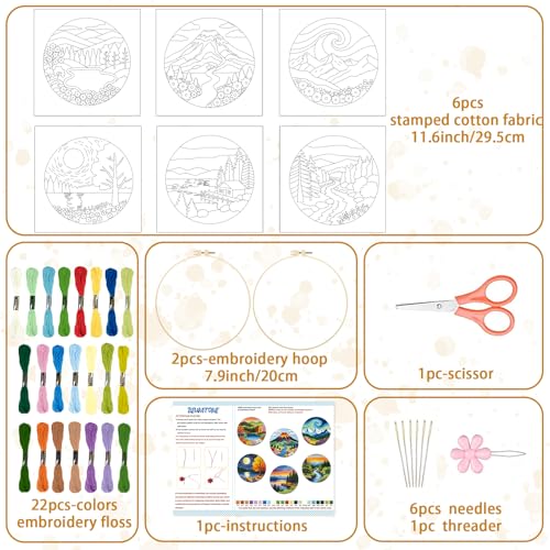 BEUNITONE 6 Pack Hand Embroidery Starter Kit for Adults with Pre-Print Scenery Pattern, Needlepoint Kits with Embroidery Hoop and Instructions, DIY Funny Craft Kits for Gifts and Home Decor - style: Scenery