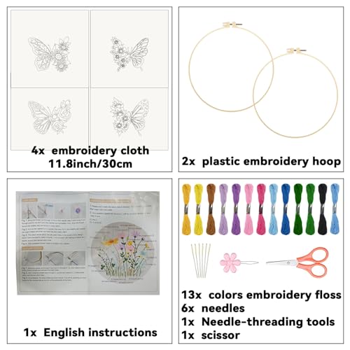 ORIGACH 4 Pack Flowers and Butterfly Embroidery Kits for Beginners, DIY Starter Hand Embroidery Kit with Floral and Butterfly Patterns and Instructions for Adults Women Crafting - color: Flowers and Butterfly