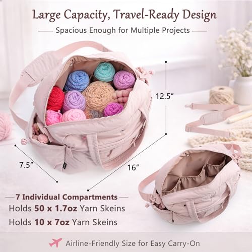 MYBAGZING Large Crochet Bag Organizer w/Crochet Hook Case & Yarn Grommets - color: Pink