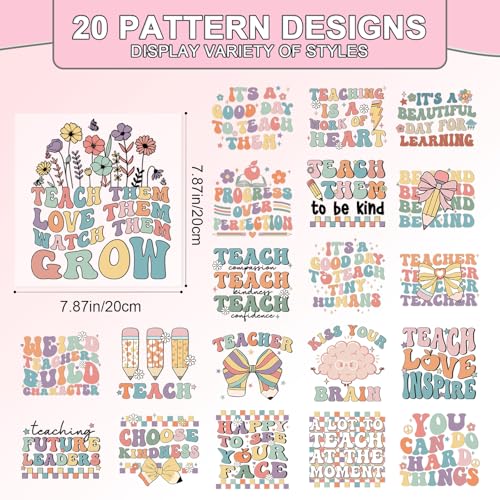 Dtf Transfers Ready to Press - 20 Pcs Teacher Iron on Patches for T-Shirts, Colorful Bow Daisy Heat Transfer Designs Vinyl Stickers, Inspirational Iron on Decals for DIY Clothes Bags - color: Teacher