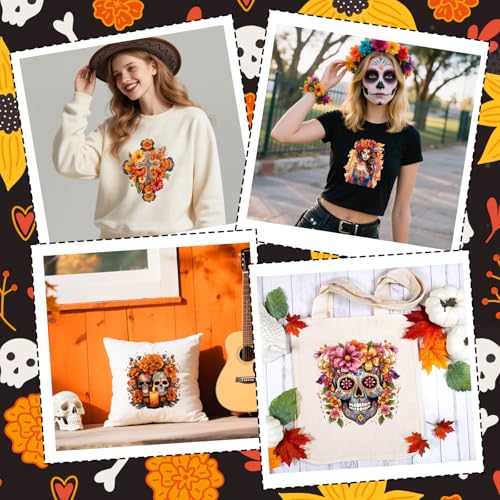 Dtf Transfers Ready to Press -24Pcs Day of The Dead Clipart Iron on Decals Day of The Dead Heat Transfer Mexican Culture Sugar Skull Clipart Vinyl Stickers for Clothing Pillows Bag DIY Crafts - color: Day of The Dead