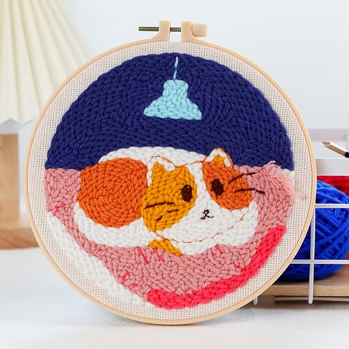 Woohome Punch Needle Kit Included Plastic Hoops, Punch Needle Cloth, Color Yarn and Punch Needle Tools for Adults, Beginners (Lazy Cat) - color: Color 24