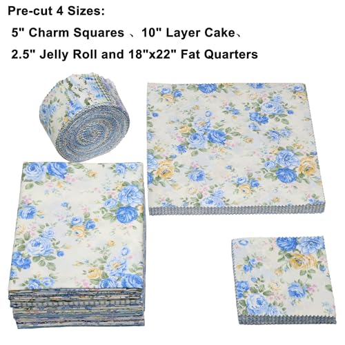 42 Pcs Blue Quilting Fabric Squares 5 x 5 Inch Cotton Precut Charm Pack - color: Sunshine Blooms, size: 5 inch Charm Packs