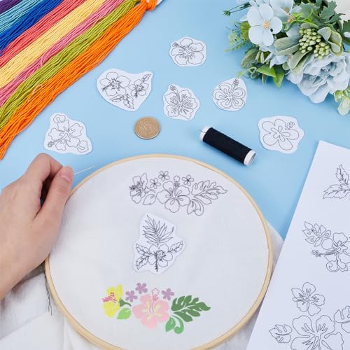 CRASPIRE 2 Sheets Hibiscus Flower Water Soluble Embroidery Patterns Stabilizers Tropical Hand Sewing Stick and Stitch Transfers Fabric Wash Away Pre-Printed Self Adhesive for Bags Cloth Sewing Lovers - style: 2 Sheets Hibiscus Flower