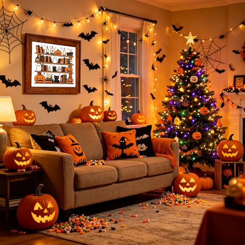 KYOQFVN Bookshelf Stamped Cross Stitch Kits for Adults Beginners - Halloween Counted Cross Stitch Kits - Halloween Embroidery Kits for Beginners Adults Arts Craft 14x14 inch - color: SZXWSJ-01