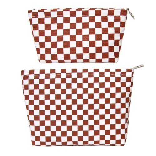 getgto 2 Pcs Makeup Bags, Large Cosmetic Bag Travel Toiletry Bag - color: Brown Checker