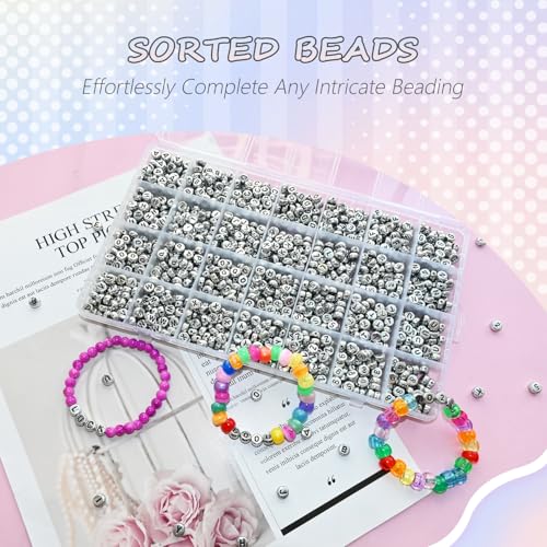 Looconi 1400pcs Letter Beads Silver 7x4mm Black on Silver for Jewelry Making Bracelet Hair Braids Crafts - color: Silver, size: 7x4mm