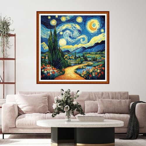 Funart Stamped Cross Stitch Kits for Beginners Full Range of Cross Stitching Preprinted Embroidery Kits for Adults, 11CT Embroidery Pattern Needlepoint Kits-Van Gogh Starry Sky Garden Trail 18x18 inch - color: ColorArt47