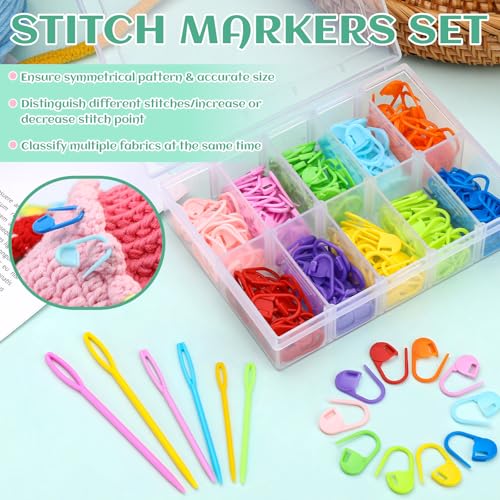 LUNARM 200Pcs Stitch Markers for Crocheting Crochet Stitch Markers Knitting - color: 200pcs + 6pcs Needles