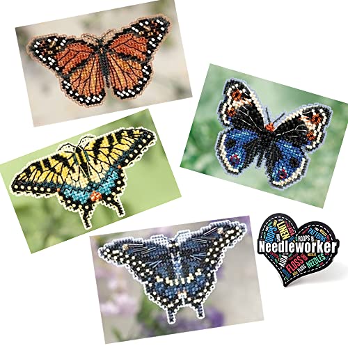 Mill Hill Butterflies Beaded Counted Cross Stitch Kits, Set of 4 Spring Ornament Kits - Plus Decorative 'Needleworker' Sticker