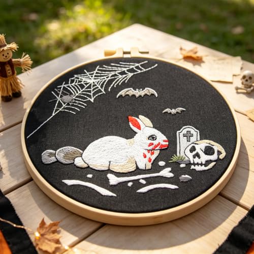 Halloween Embroidery Kits for Beginners Adults, Gothic Rabbit Embroidery DIY Kit, Halloween Cross Stitch Kits Needlepoint Kits for Beginners Adults Woman Gifts, Embroidery Hoop, Thread, Video Tutorial - color: H2123