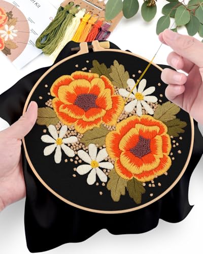 ERKOON Embroidery Kit for Beginners, Flower Cross Stitch Set Include Embroidery Cloth Hoops Threads for Craft Lover Hand Stitch with Embroidery Skill Techniques (Floral) - color: Floral