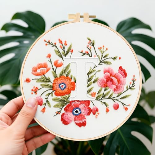 Zerzsy 7.87 '' Embroidery Kits Plant Flower Leaf English Letter Patterns for Beginners Adults, Easy to Learn Cross Stitch Kit for Home Office Decor - color: Letter T