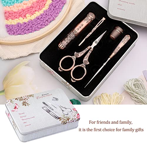 BUTUZE Embroidery Scissors Kit, European Antique Vintage Sewing Kit, Complete Vintage Sewing Tools with Embroidery Scissors,Original Case,Sewing Needle Case, Awl for Sewing, Craft, Needlework - color: Patina