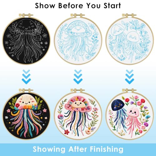 ERKOON 3 Sets Embroidery Kit for Adult, Hummingbird Cross Stitch Set for Beginner Include Embroidery Cloth Hoops Threads for Craft Lover Hand Stitch (Jellyfish) - color: Jellyfish