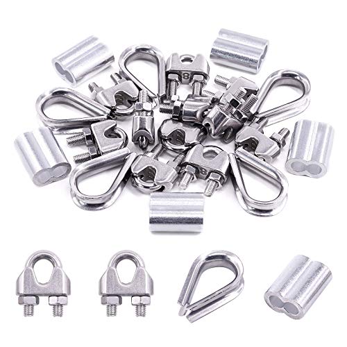 Swpeet 24Pcs M8 (5/16") Wire Rope Accessory Set, Included M8 Wire Rope Cable Clip Clamp, M8 Stainless Steel Thimble, 4mm Aluminum Crimping Loop Sleeve Perfect for 1/8 inch Wire Rope Cable (M8) - size: M8