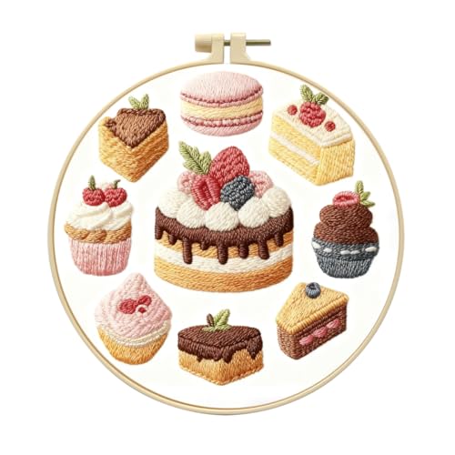 Zhenqing Chocolate Cake Embroidery Kit for Beginners, Pre-Printed 29x29cm Fabric with 20cm Hoop, Threads & Tools, Dessert Design with Macarons and Cupcakes(C0175)