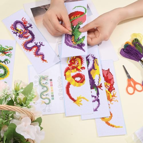 ORIGACH 6 Pcs Cross Stitch Bookmark Kit for Beginner Dragon Pattern Stamped Embroidery Stitch Kits for Starter DIY Bookmarks Printed Cross Stitch Kits with 13 Colors Embroidery Floss - style: Dragon