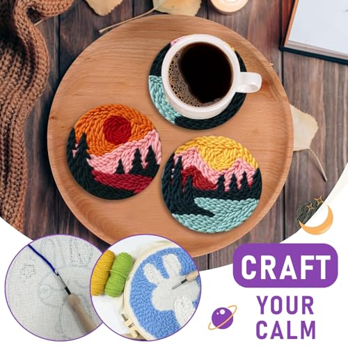 Punch Needle Coasters Kit for Beginners Adults, 6 Pattern Embroidery Scenery Punch Needle Kits, Scenery Punch Decoration DIY Kit with Patterns, Tools, Yarns, Hoop, Instruction Art Craft Supplies