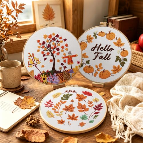 5 Sets Fall Embroidery Kits for Beginners, Autumn Pumpkins and Maple Leaves Embroidery Starter Kit for Adults Thanksgiving Gifts with Stamped Pattern DIY Needlepoint Kit Cross Stitch Set with 2 Hoops - size: Fall