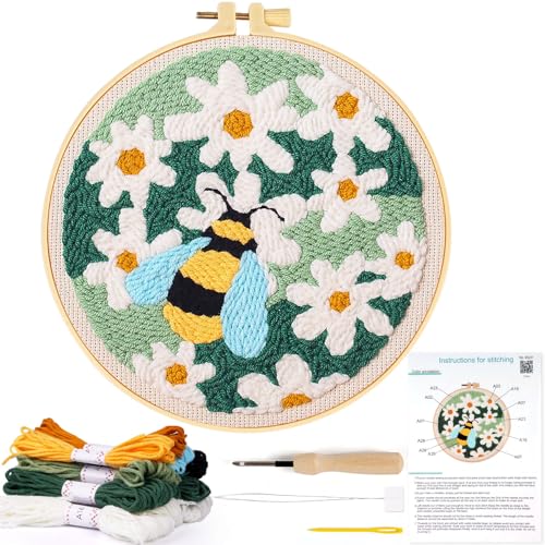 KESTAR Punch Needle Embroidery Starter Kits, Bee and Daisy Flower Punch Needle Kits for Adults Beginner, Needle Punch Kit Tool with Instruction Threader Fabric Yarns and Hoop - color: Yellow Bee