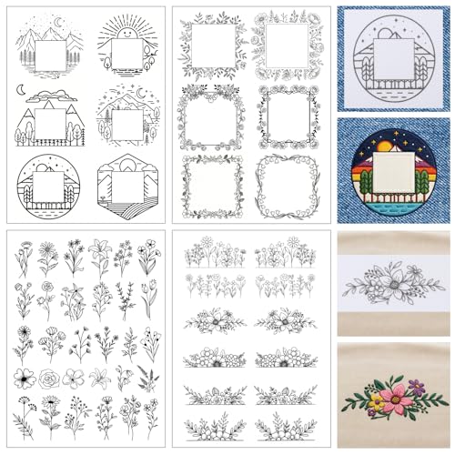 4 Sheets Water Soluble Embroidery Stabilizer,54 Pcs Stick and Stitch Embroidery Patterns,Wash Away Paper with Pre-Printed Floral Designs,Self Adhesive Transfer Paper for Hat Cap Hand Sewing Beginners - size: Pattern: Flower (Style 1)