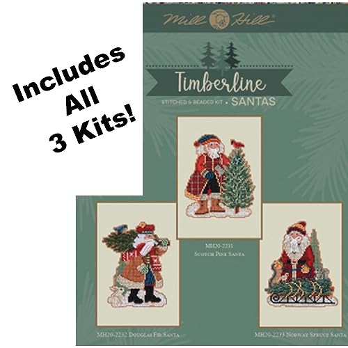 Mill Hill Timberline Santa Set (2022) Set of 3 Beaded Cross Stitch Kits Including Scotch Pine, Douglas Fir and Norway Spruce Santas, Plus Decorative 'Needleworker' Sticker