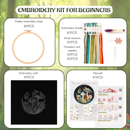 Mushroom Embroidery Kit for Beginners Adults, Stamped Hand Embroidery Kit, Embroidery Starter Kit with Floral and Mushroom Design, Cross Stitch Kits with Printed Embroidery Cloth and Embroidery Tools - color: Black Multi