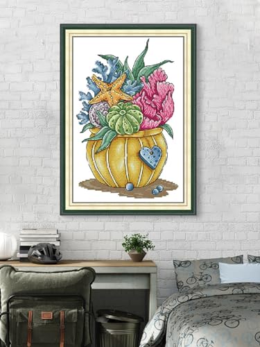 Aiorkeng Cross Stitch Kits Stamped Full Range of Embroidery Starter Kits for Adults Beginners DIY 11CT 3 Strands -Printed kit Flower of the Ocean(Printed) 32×44CM - color: Flower of the Ocean32×44CM