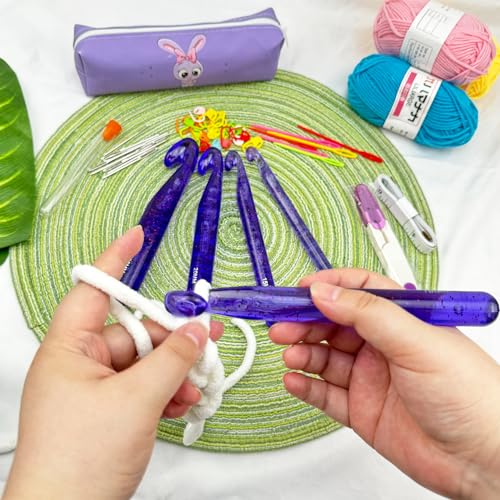 43 Pcs Large Crochet Hooks Set,12mm 15mm 18mm 20mm 25mm Large Crochet Hooks for Chunky Yarn,Plastic Crystal Smooth Big Crochet Needles for Handmade DIY Crochet with Storage Bag - color: Purple