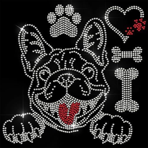 5 Pcs Bulldog Pattern Iron on Rhinestones Transfer, Paw Print Bling Crystal Clothing Repair Applique Heat Transfer Patches for T-Shirt Vest Shoes Hat Jacket Pants Bags Decor - color: Bulldog
