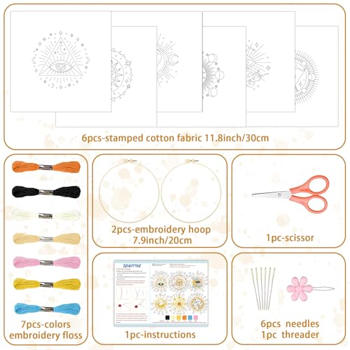 BEUNITONE 6Set Tarot Embroidery Kit for Beginners with Dreamy Pre-print Patterns, DIY Craft Kits for Adults Women with Embroidery Hoops and Full Kits, Needlepoint Kits for Home Decor and Gifts 20x20cm - style: Tarot