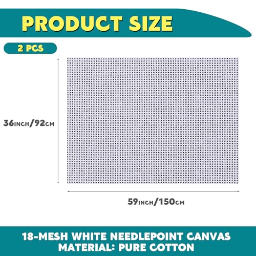 Knitgrip 2 Pack 36 x 59 Inches Needlepoint Canvas 18 Mesh Blank White Canvas Pure Cotton Needlepoint Mesh Twist Interlock for Embroidery DIY Knit Crochet Projects Make Dividers - size: 36 x 59 Inches