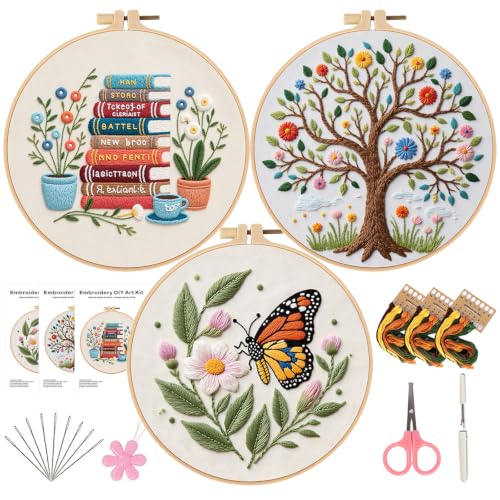 Herdiese Embroidery Kit for Beginners & Adults, 3 Sets with Instructions - color: Flower-F (3 Pack)