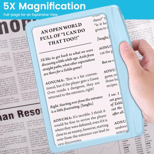 Rechargeable 5X Magnifying Glass for Reading, Large Bright Full Page Magnifier with Light, Handheld LED Dimmable Lighted, Lightweight Book Magnifier for Reading Seniors, Light-Blue - color: Light-blue