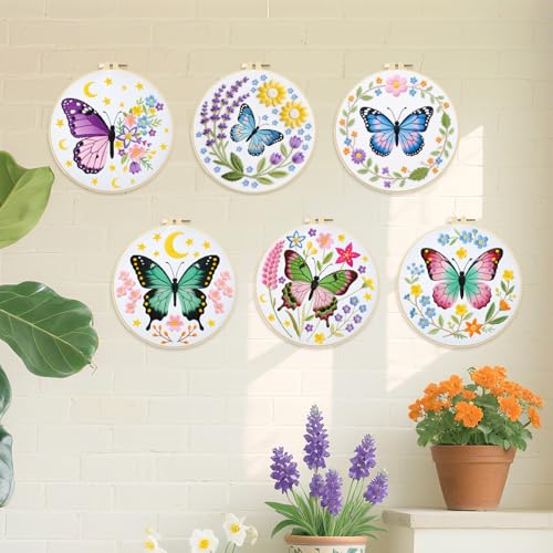 ORIGACH 6 Pack Butterfly & Flower Wreath Embroidery Kits for Beginners - style: Butterfly & Flower