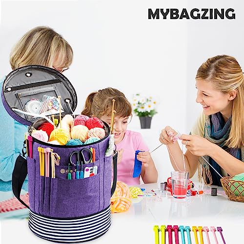 MYBAGZING Expandable Crochet Bag Organizer w/Yarn Grommets& Zipper Closure - color: Purple-Ⅱ, size: Medium-Zipper Closure
