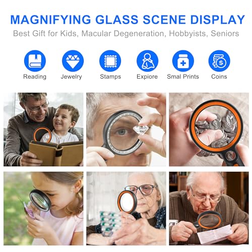 Magnifying Glass with 30 LED Lights, 10X 20X 45X Handheld Illuminated - color: Black & Orange