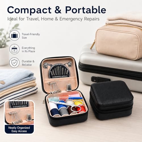 56-Piece Portable Travel Sewing Kit - Compact Emergency Sewing Kit Box with Zipper Fix Tools - Small Sewing Supplies and Accessories for Home Use & Quick Stitch Solutions - color: Black