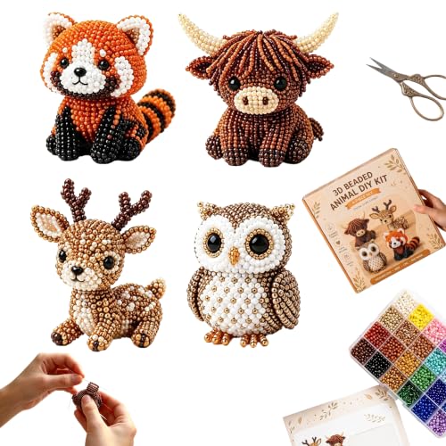 Krucsvaom Bead Kit - 3D Beaded Animal DIY Kit, Bead Animal Making Kit, Bead Kits & Beading Kits for Adults, Bead Embroidery Kit, 4 Cute 3D Animals (Woodland Friends)