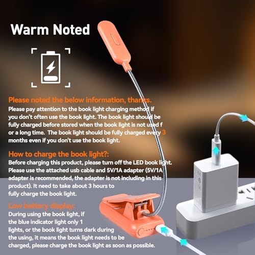 VAVOFO Rechargeable Reading Light, Clip on Book Light for Reading in Bed - color: Orange