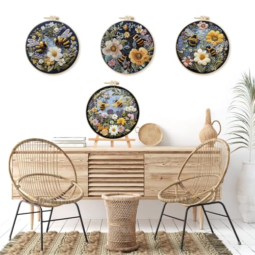 LB 4 Pack Yellow Bee Floral Embroidery Kit for Beginners Green Plant Beginner Embroidery Kit for Adults DIY Starter Kit with Embroidery Hoop Colorful Threads Tools Step by Step Instructions - color: Yellow and Green