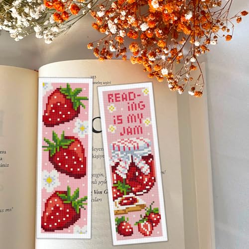 BEUNITONE 6PCS Cross Stitch Bookmarks Kit for Adults Beginners,Strawberry Book Mark DIY Stamped Embroidery Bookmark Kits with Backing Felt Floss,8.5''x3'' Page Markers for Students Teachers Reading - style: Strawberry