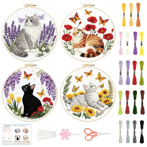 BEUNITONE 4 Set Embroidery Kit for Beginners, Cat and Butterfly Pre-Stamped Pattern Needlepoint Kits for Adults with Hoop and Instruction, Cute Hand Embroidery Patterns for Cloth and Home Decor - style: A-Cat-01
